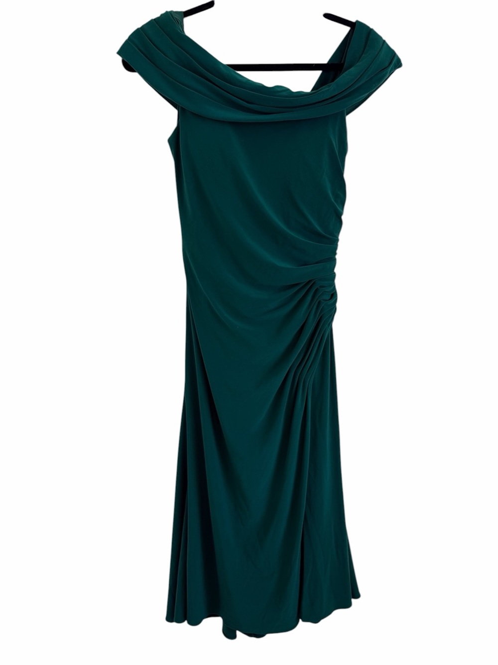 Mac Duggal IEENA Off-Shoulder Emerald Green Midi Dress with Side Slit & Ruching - Picture 5 of 12